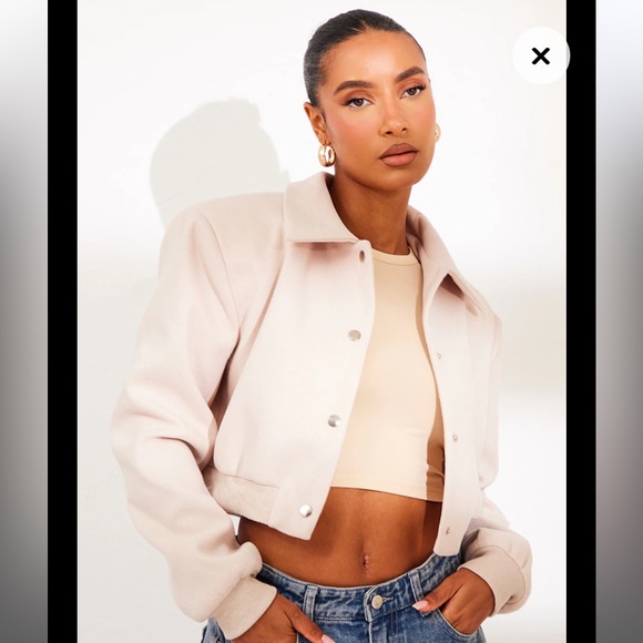 NWT Stone Beige Shoulder Padded Wool Look Cropped Bomber Jacket - Picture 2 of 11